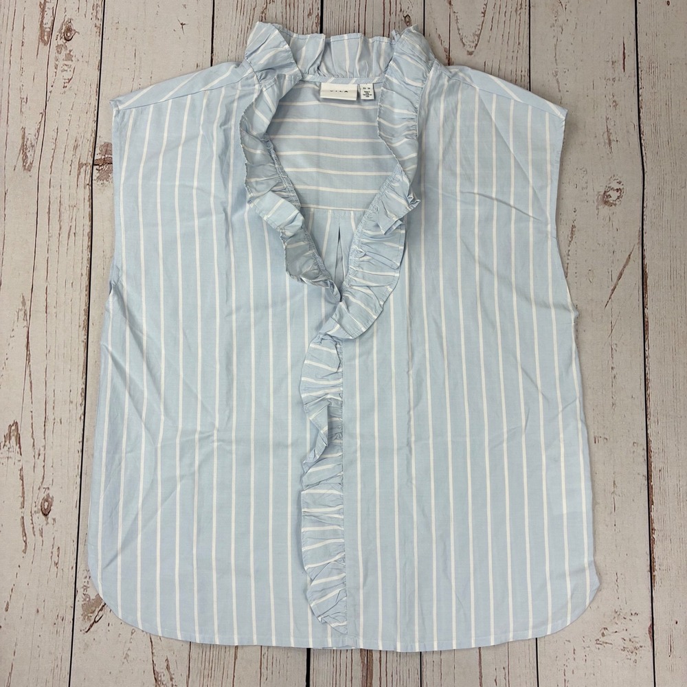 VILA Viblomi Light Blue White Striped Ruffle V-Neck Sleeveless Top EU 38 US 6